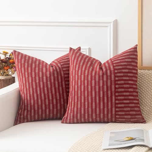 K KEVIN TEXTILE Kevin Textile Valentines Wine Red and Beige Farmhouse Striped Patchwork Linen Decorative Throw Pillows Covers 18x18 Set of 2 Modern Accent Square Cushion Covers for Couch Chair Bedroom - Image 1