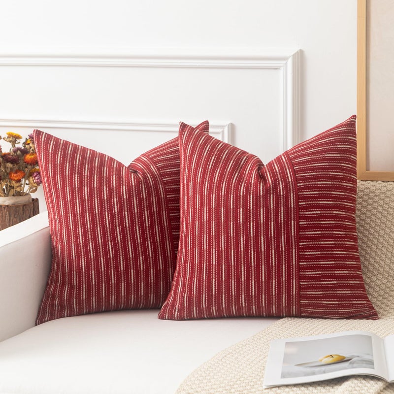 K KEVIN TEXTILE Kevin Textile Valentines Wine Red and Beige Farmhouse Striped Patchwork Linen Decorative Throw Pillows Covers 18x18 Set of 2 Modern Accent Square Cushion Covers for Couch Chair Bedroom - Image 2
