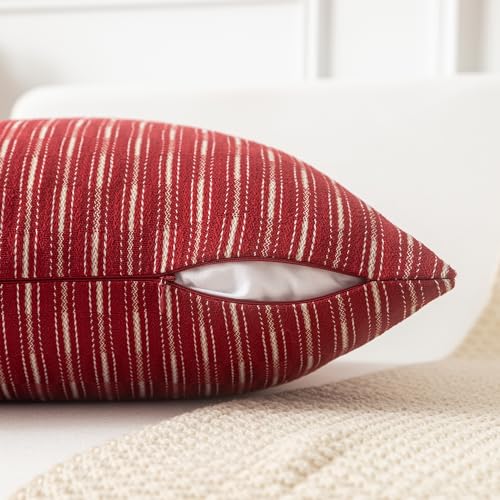 K KEVIN TEXTILE Kevin Textile Valentines Wine Red and Beige Farmhouse Striped Patchwork Linen Decorative Throw Pillows Covers 18x18 Set of 2 Modern Accent Square Cushion Covers for Couch Chair Bedroom - Image 3