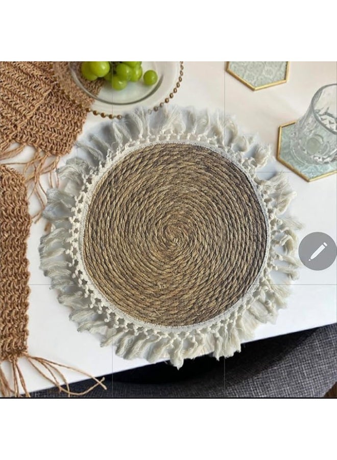 Round Farmhouse Style Handwoven Grass Placemats – Eco-Friendly Natural Fiber Table Mats with Tassel Edge – Durable Rustic Kitchen & Dining Decor for Daily Use & Holidays set of 6 - Image 2