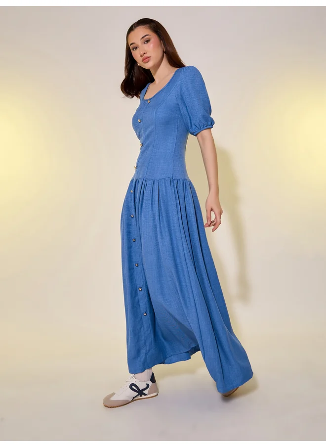 تايك تو Take Two Solid Puff Sleeves A-Line Maxi Dress with Button Detail