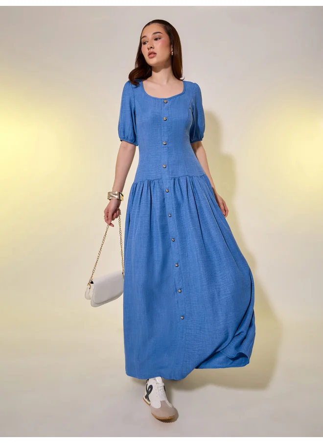تايك تو Take Two Solid Puff Sleeves A-Line Maxi Dress with Button Detail