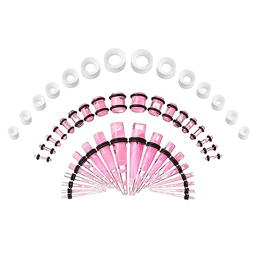 Memsion Ear Stretching Kit 50 Pieces Earrings 14Gauges-00Gauges Earrings Acrylic Tapers Plugs Silicone Tunnels Ear Gauges Expander Set Body Piercing kit Piercing Jewelry Marble Pink Color - Image 1