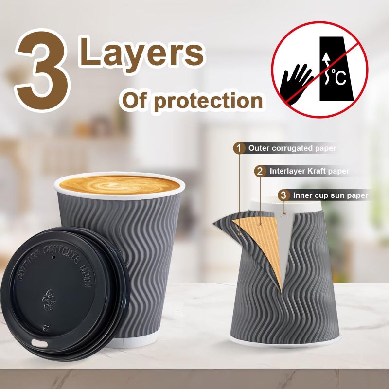Clawsoff 100 Pack 12 oz Disposable Coffee Cups with Lids, Insulated Ripple Wall To-Go Paper Coffee Cups Suitable for Chocolate Cocoa and Hot/Cold Drinks (Grey) - Image 4