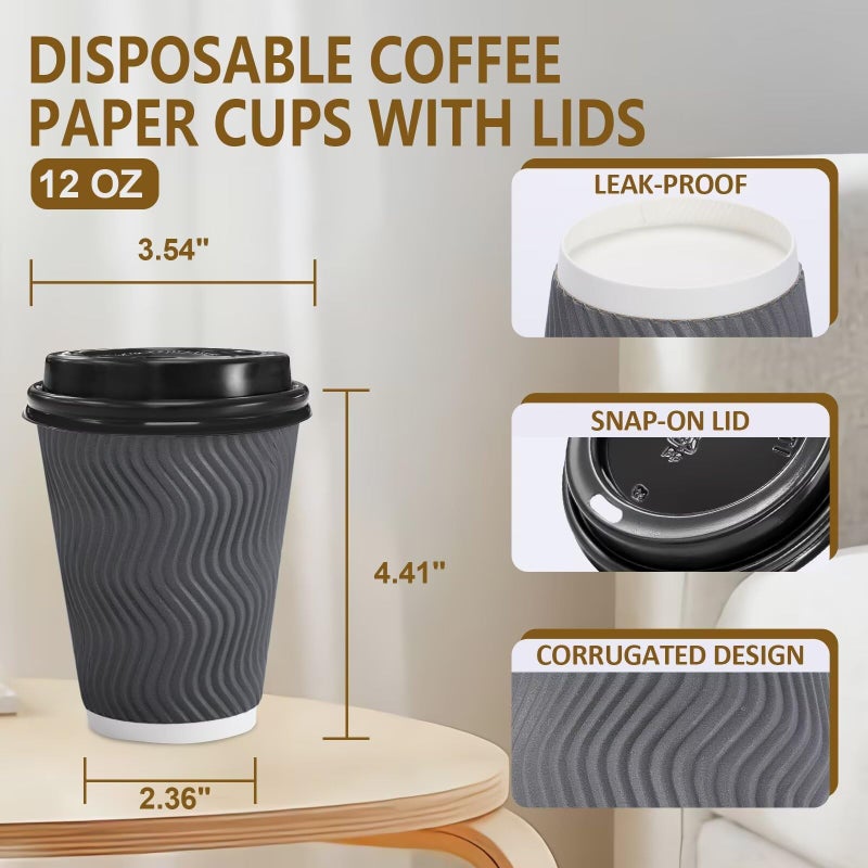 Clawsoff 100 Pack 12 oz Disposable Coffee Cups with Lids, Insulated Ripple Wall To-Go Paper Coffee Cups Suitable for Chocolate Cocoa and Hot/Cold Drinks (Grey) - Image 3