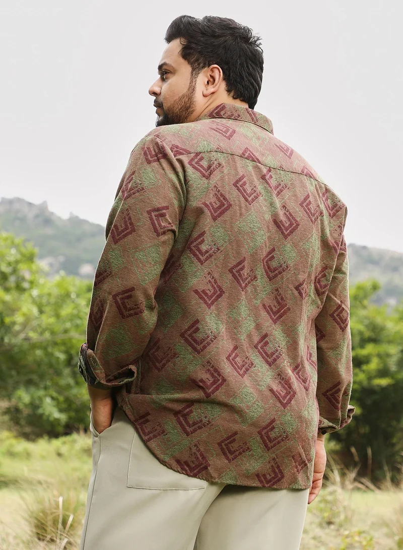 Instafab Plus Instafab Men's Coffee Brown Cubic-Stamp Jacquard Shirt | Button Down Collar , Long Cuffed Sleeves , Button Closure | Geometric Jacquard | Cotton-Blend Shirt For Casual Wear