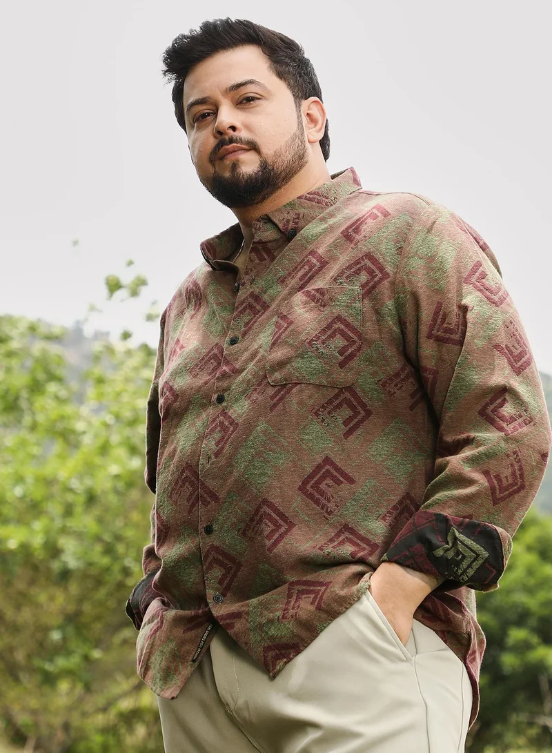Instafab Plus Instafab Men's Coffee Brown Cubic-Stamp Jacquard Shirt | Button Down Collar , Long Cuffed Sleeves , Button Closure | Geometric Jacquard | Cotton-Blend Shirt For Casual Wear