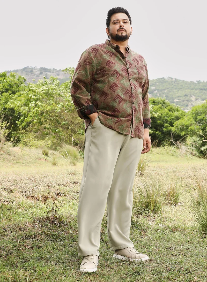 Instafab Plus Instafab Men's Coffee Brown Cubic-Stamp Jacquard Shirt | Button Down Collar , Long Cuffed Sleeves , Button Closure | Geometric Jacquard | Cotton-Blend Shirt For Casual Wear