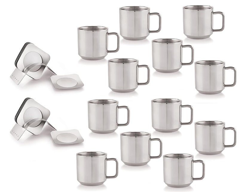 FINALITY Stainless Steel Double Wall 70MM Tea Cup with Pyramid Coaster Set of 12 Color Silvercapacity100 ml - Image 1