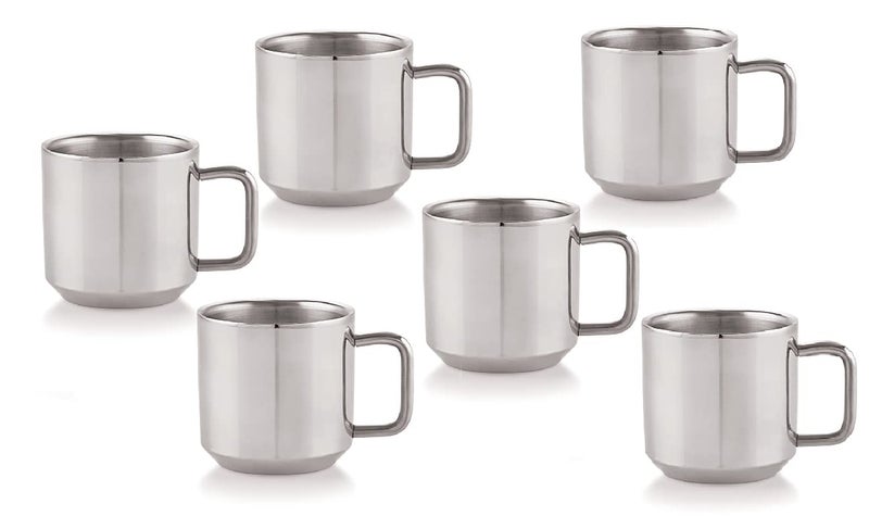 FINALITY Stainless Steel Double Wall 70MM Tea Cup with Pyramid Coaster Set of 12 Color Silvercapacity100 ml - Image 3