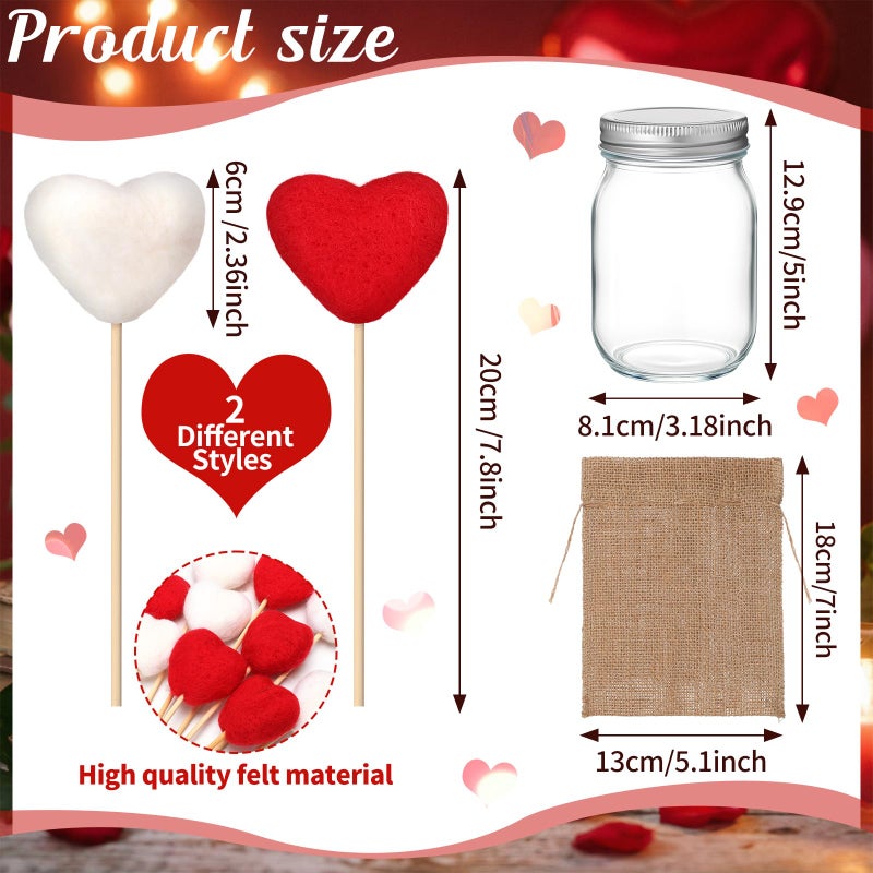 Youyole Rustic Valentines Day Table Decorations Set, Mason Jars Valentines Centerpiece Decor with 12 Pcs Red White Felt Heart Picks Sticks Galentines Bouquet Gifts for Lovers Dining Table Office - Image 2
