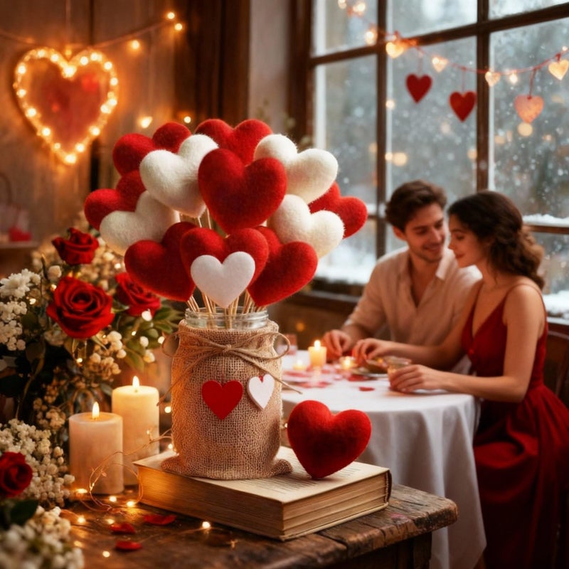 Youyole Rustic Valentines Day Table Decorations Set, Mason Jars Valentines Centerpiece Decor with 12 Pcs Red White Felt Heart Picks Sticks Galentines Bouquet Gifts for Lovers Dining Table Office - Image 3