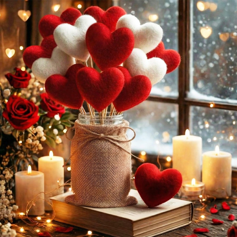 Youyole Rustic Valentines Day Table Decorations Set, Mason Jars Valentines Centerpiece Decor with 12 Pcs Red White Felt Heart Picks Sticks Galentines Bouquet Gifts for Lovers Dining Table Office - Image 1