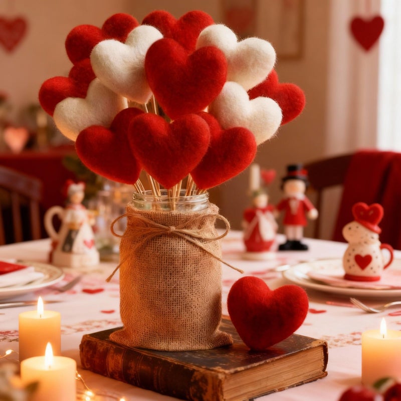 Youyole Rustic Valentines Day Table Decorations Set, Mason Jars Valentines Centerpiece Decor with 12 Pcs Red White Felt Heart Picks Sticks Galentines Bouquet Gifts for Lovers Dining Table Office - Image 4