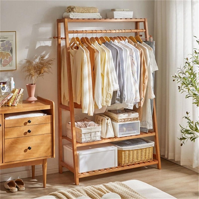unho Bamboo Clothes Rail Rack Free Standing Garment Rack with 3 Storage Shelves 10 Hooks Portable Open Wardrobe Clothing Storage Organizer for Clothes Shoes Hats Bags in Entryway Bedroom Living Room