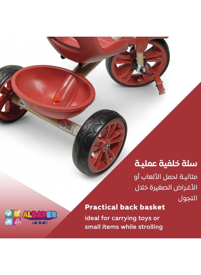 البدر دراجة ثلاثية العجلات للاطفال الاولاد والبنات من البدر، لعبة ركوب مستوحاة من دراجة نارية ثلاثية العجلات مع تأثيرات صوتية وضوئية واقعية، مقعد مريح بمسند ظهر، سلة تخزين خلفية ( احمر) - Image 4