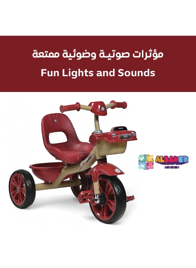 البدر دراجة ثلاثية العجلات للاطفال الاولاد والبنات من البدر، لعبة ركوب مستوحاة من دراجة نارية ثلاثية العجلات مع تأثيرات صوتية وضوئية واقعية، مقعد مريح بمسند ظهر، سلة تخزين خلفية ( احمر) - Image 5
