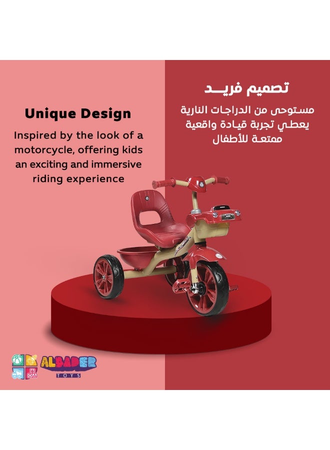 البدر دراجة ثلاثية العجلات للاطفال الاولاد والبنات من البدر، لعبة ركوب مستوحاة من دراجة نارية ثلاثية العجلات مع تأثيرات صوتية وضوئية واقعية، مقعد مريح بمسند ظهر، سلة تخزين خلفية ( احمر) - Image 3