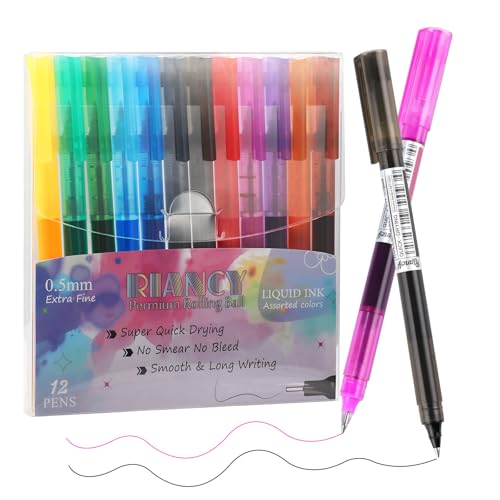 RIANCY Fine Point Colored Pens 12 Colors 0.5mm Gel Ballpoint Pens Assorted Colors Liquid Ink Pens No Smear Vibrant Colorful Writing for Journaling Note Taking Doodling Coloring Office School Supplies - Image 1