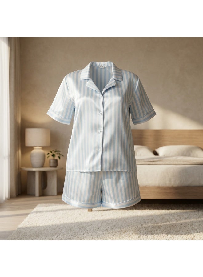 LADY Plus Size Satin Pajama Set for Women – Striped Sleepwear, Button Down Half Sleeve Shirt & Shorts 2 Piece Nightwear - Image 3