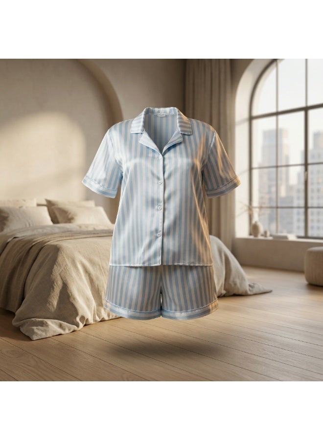 LADY Plus Size Satin Pajama Set for Women – Striped Sleepwear, Button Down Half Sleeve Shirt & Shorts 2 Piece Nightwear - Image 1