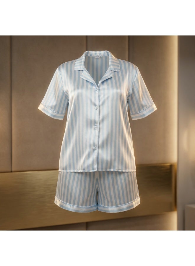 LADY Plus Size Satin Pajama Set for Women – Striped Sleepwear, Button Down Half Sleeve Shirt & Shorts 2 Piece Nightwear - Image 2