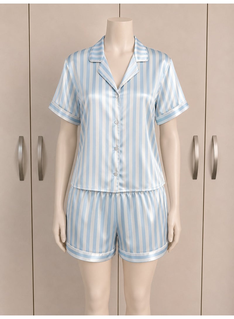 LADY Plus Size Satin Pajama Set for Women – Striped 2-Piece Sleepwear with Button-Down Short Sleeve Shirt & Shorts – Made in Turkey - Image 1
