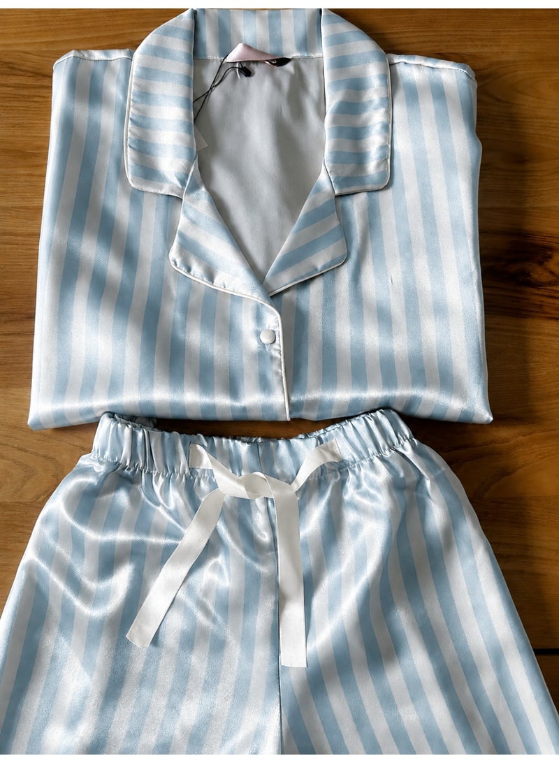 LADY Plus Size Satin Pajama Set for Women – Striped 2-Piece Sleepwear with Button-Down Short Sleeve Shirt & Shorts – Made in Turkey - Image 2