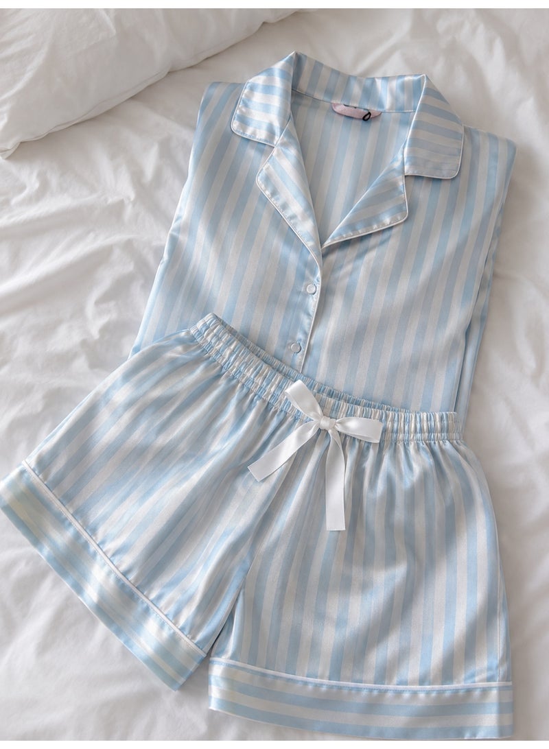 LADY Plus Size Satin Pajama Set for Women – Striped 2-Piece Sleepwear with Button-Down Short Sleeve Shirt & Shorts – Made in Turkey - Image 4