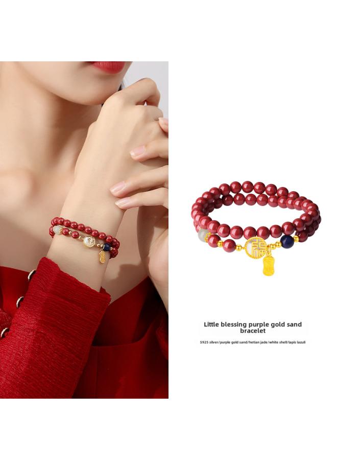 S925 Sterling Silver White Shell Fu Brand Natural Cinnabar Bracelet Female Birth Year Emperor Sand National Style Retro Niche Jewelry