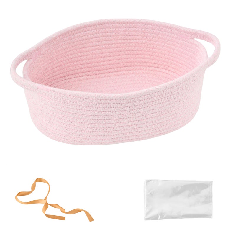 Kodomoore Small Woven Easter Basket with Gift Bag and Ribbon Empty Burr Basket for Gifts Baby Shower Birthdays Decorative Rope Storage Organizer for Shelves 12x8x5 Pink - Image 2