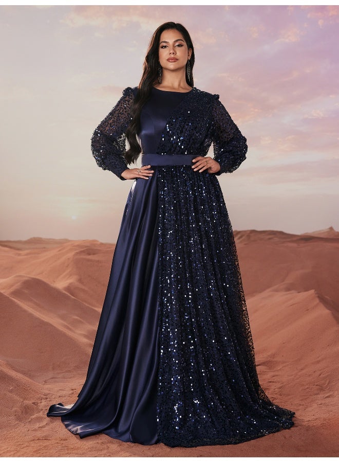 Madam Uniq New Plus Size Elegant Evening Gown with Sequin-Trimmed Satin, Lantern Sleeves, and Round Neck. - Image 1