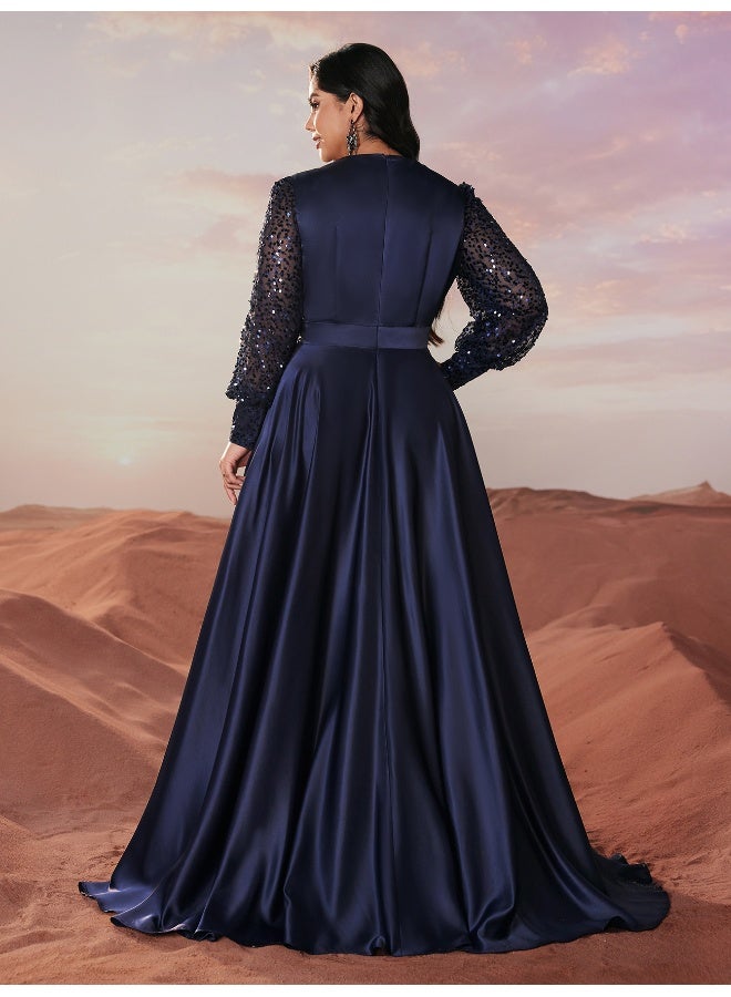 Madam Uniq New Plus Size Elegant Evening Gown with Sequin-Trimmed Satin, Lantern Sleeves, and Round Neck. - Image 4