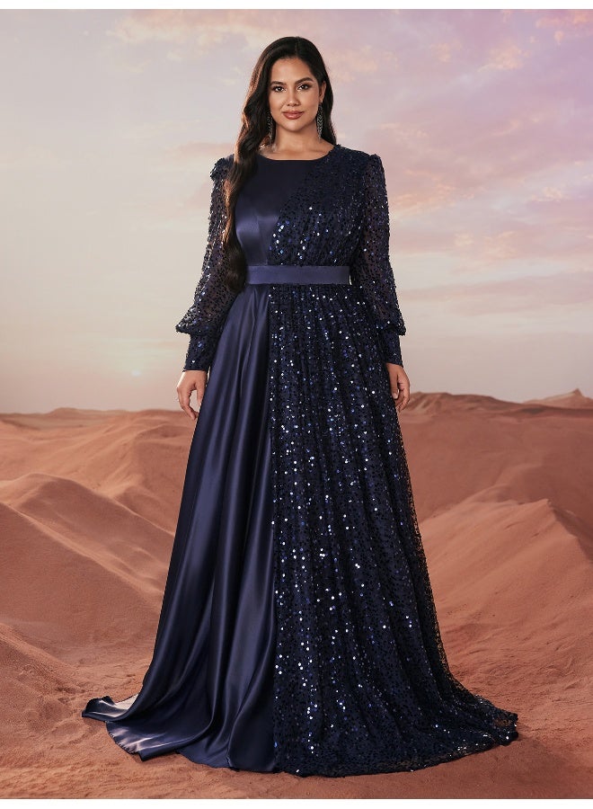 Madam Uniq New Plus Size Elegant Evening Gown with Sequin-Trimmed Satin, Lantern Sleeves, and Round Neck. - Image 3