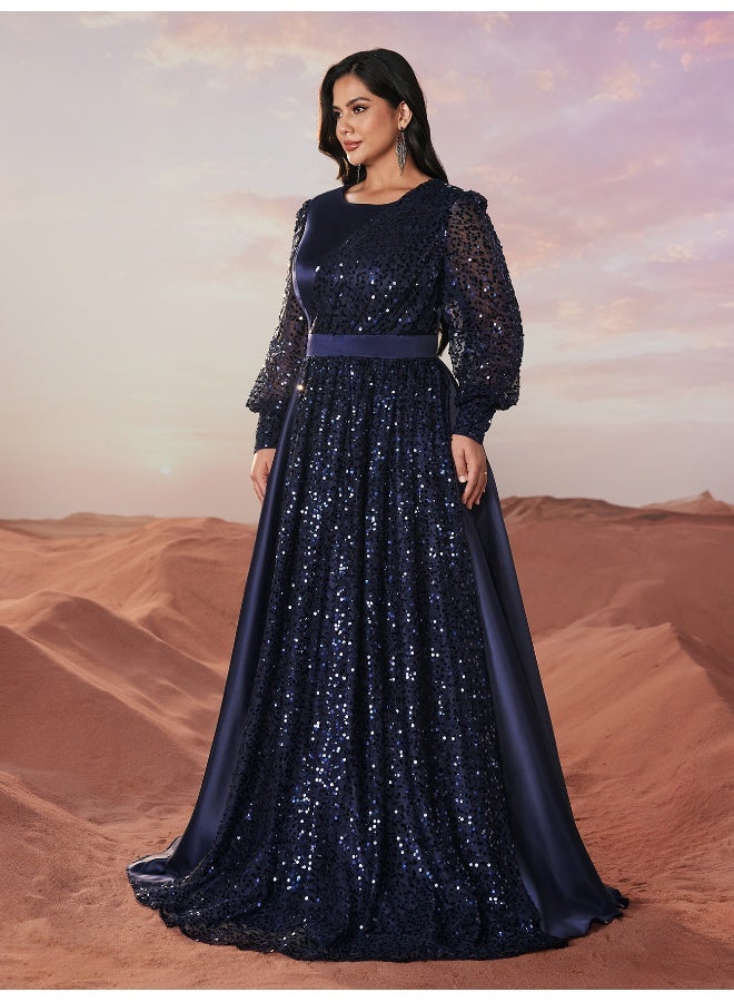 Madam Uniq New Plus Size Elegant Evening Gown with Sequin-Trimmed Satin, Lantern Sleeves, and Round Neck. - Image 2