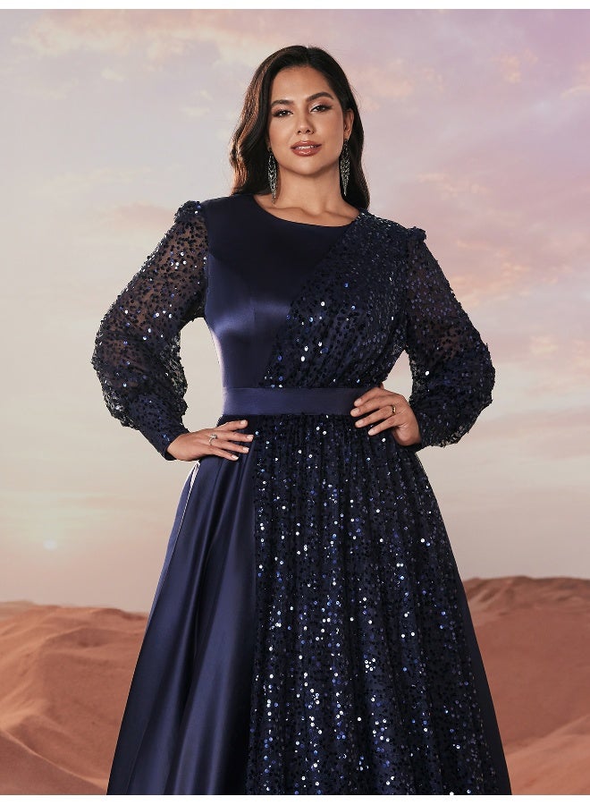 Madam Uniq New Plus Size Elegant Evening Gown with Sequin-Trimmed Satin, Lantern Sleeves, and Round Neck. - Image 5
