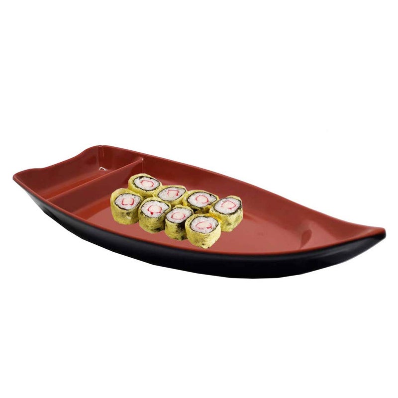 Happy Sales HSSB-10RB, Sushi Boat Shape Plate Sushi Sashimi Serving Plate Melamine Plastic Tray 10 x 4.5 Inch (Red Black) - Image 2