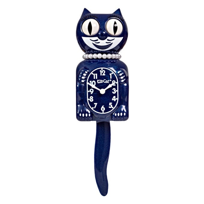 KITCAT KLOCK LIMITED EDITION GALAXY BLUE WITH PEARL NECKLACE EYELASHES CAT CLOCK MOVING EYES AND TAIL BATTERY OPERATED WALL CLOCK MADE IN USA
