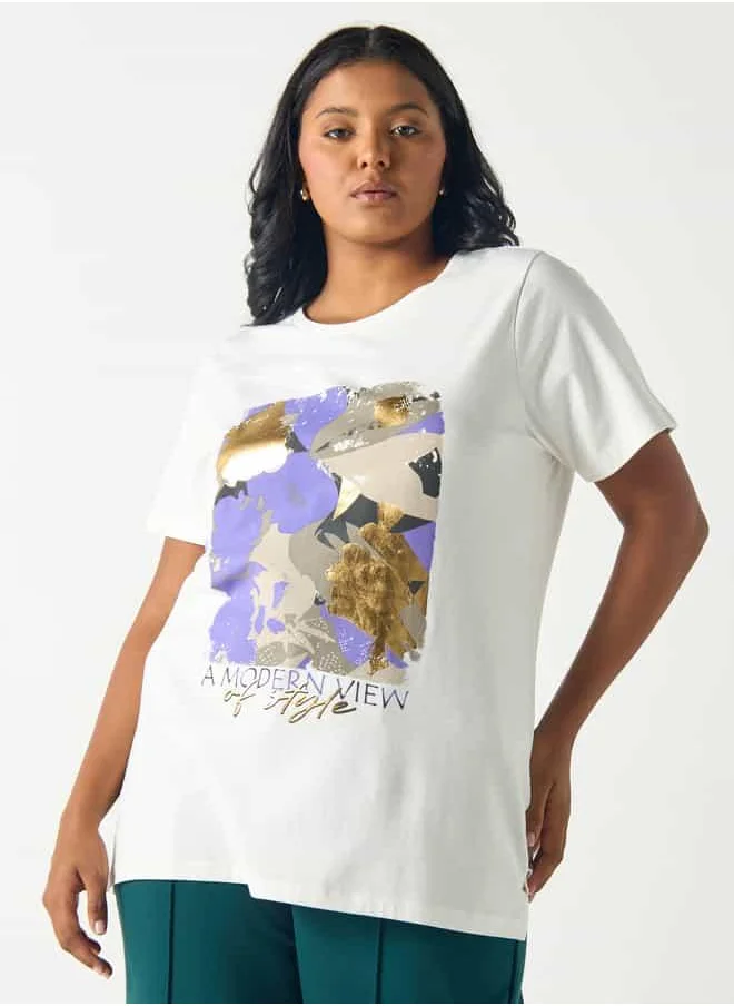 Ulla Popken Plus Size Ulla Popken Graphic Print Crew Neck T-shirt with Short Sleeves