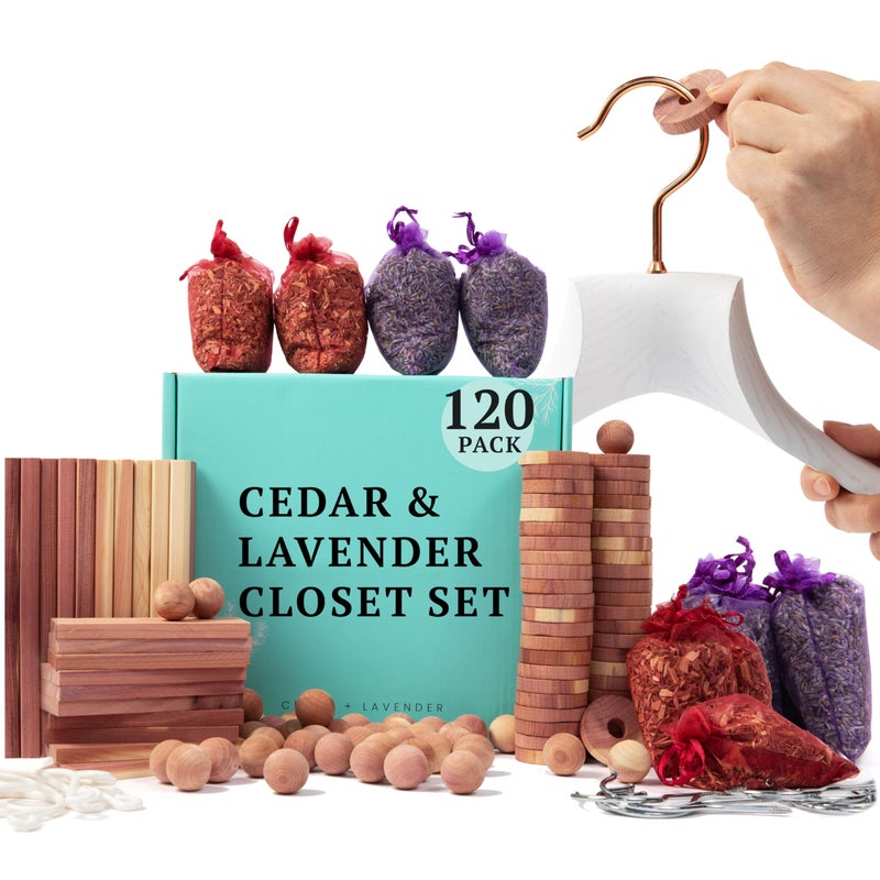 HOUNDSBAY 120 Variety Pack - Lavender and Cedar For Closets - Cedar Balls For Clothes Storage - Cedar Closet Protection Scent Bags - Natural Cedar Hanger Rings - Cedar Scented Balls Cedar Air Freshener For Clos  - Image 1