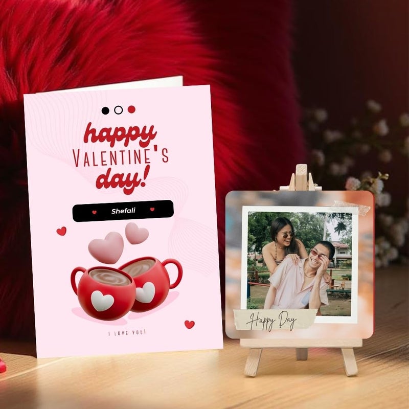 Desi Vastra Half Engineer Valentines Day Greeting Card with Customised Table Top Frame Love Theme Coffee Cup Design Romantic Couple Picture Display For Boyfriend Husband Wife Girlfriend Fiance