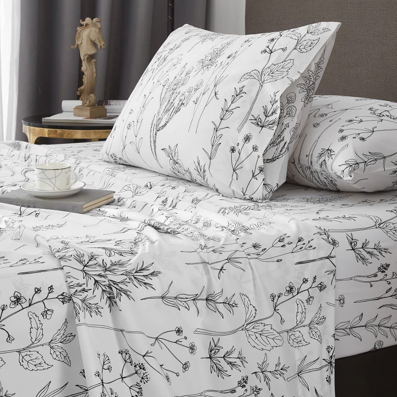 HYPREST Floral Bed Sheets King Size, 18 inches Deep Pocket Sheets 1800 Thread Count, Black and White Leaf Sheet Set Soft Breathable Cute Aesthetic Sheets Shabby Chic Bed Sheets,Oeko-Tex Certificated - Image 4