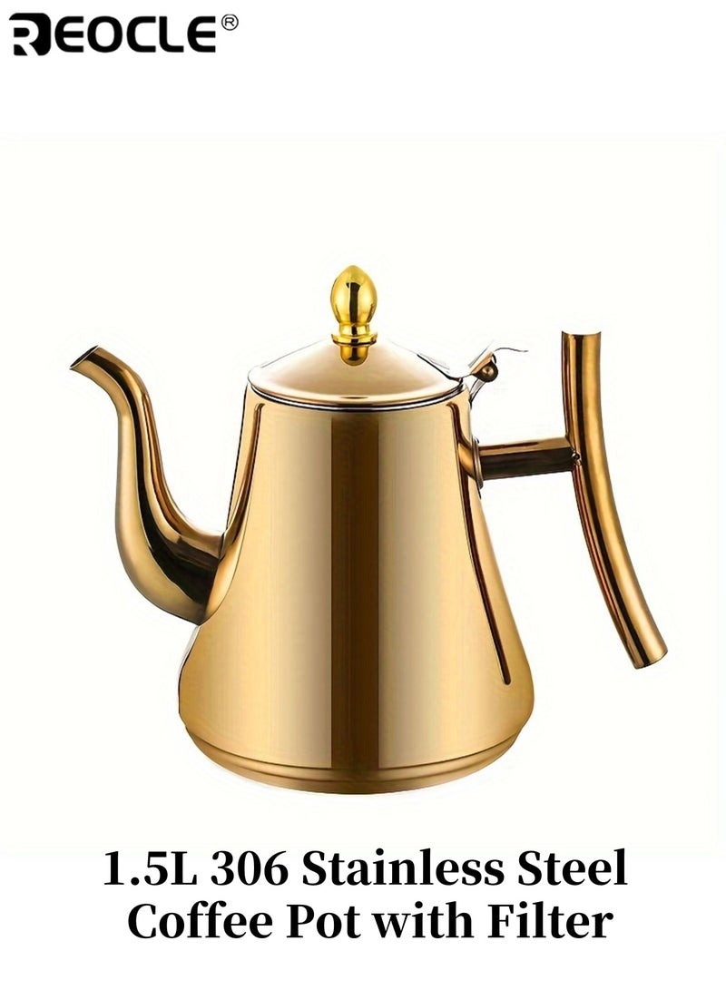 REOCLE 1.5L 306 Stainless Steel Coffee Maker with Strainer Capacity Heat Resistant Teapot Kettle for Restaurant Home Use Suitable for Coffee Tea Cold Water Ideal Beverage Brewing Tool for Families Cafés Teapot Set With Removable Tea Strainer - Coffee Maker & Strainer Included - Image 1