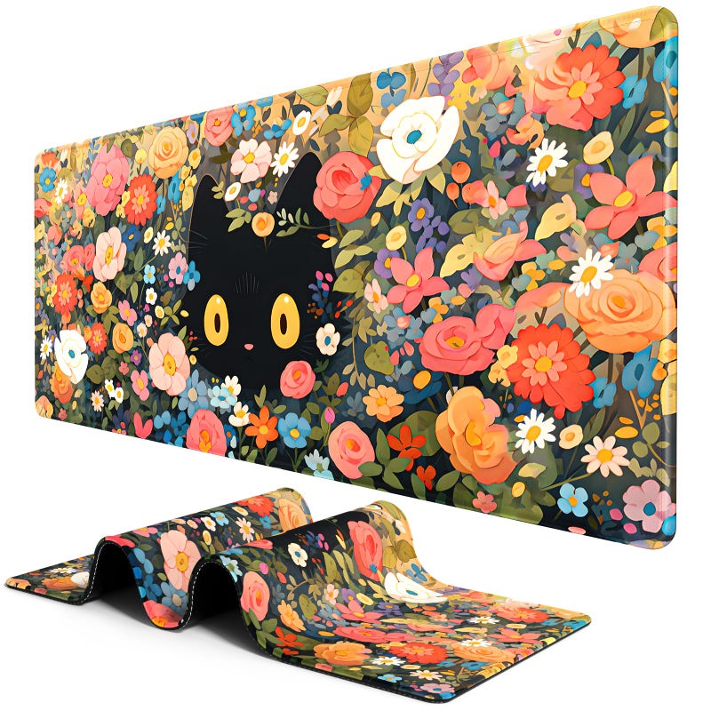BOSOBO XXL Gaming Desk Mat, Extended Mouse & Keyboard Mat, Anime Cat Pink Flower Bush - 31.5 x 11.8 Inches - Image 1
