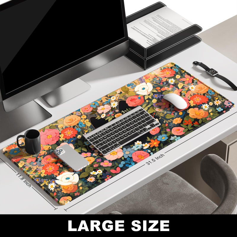 BOSOBO XXL Gaming Desk Mat, Extended Mouse & Keyboard Mat, Anime Cat Pink Flower Bush - 31.5 x 11.8 Inches - Image 2