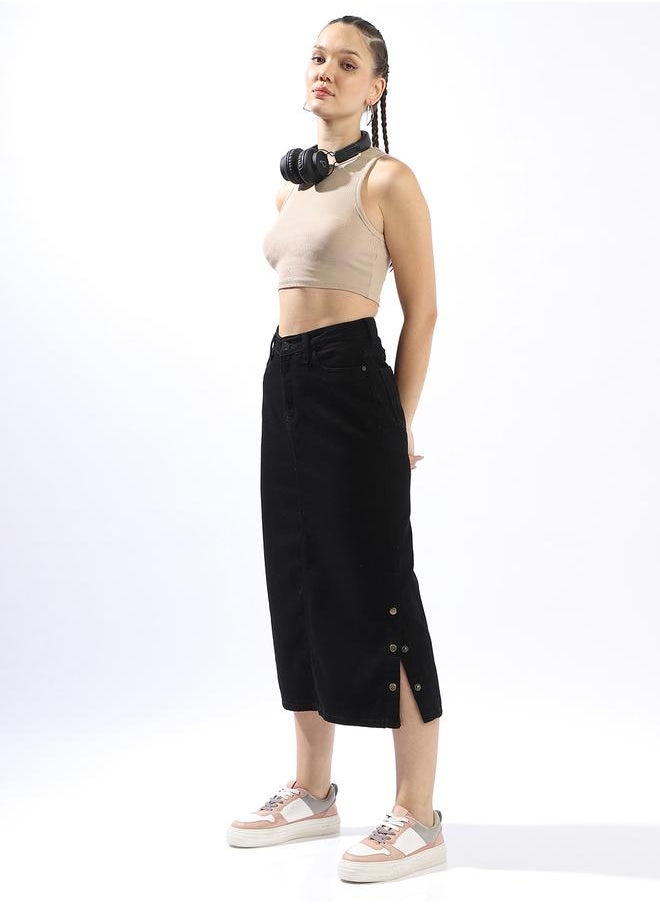 Hubberholme Pure Cotton Straight Midi Denim Side Slit Skirts  - Image 1