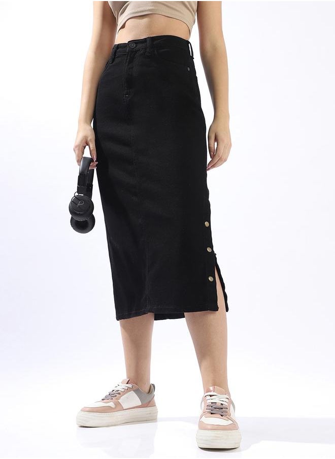 Hubberholme Pure Cotton Straight Midi Denim Side Slit Skirts  - Image 2