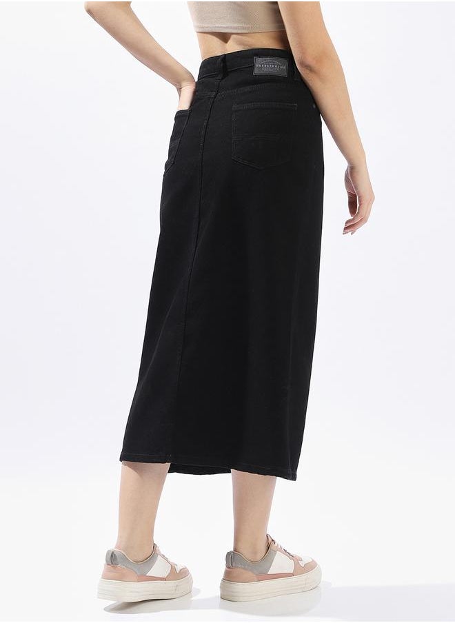 Hubberholme - Pure Cotton Straight Midi Denim Side Slit Skirts - Image 1