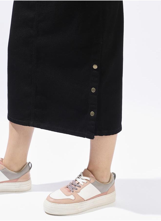 Hubberholme - Pure Cotton Straight Midi Denim Side Slit Skirts - Image 1