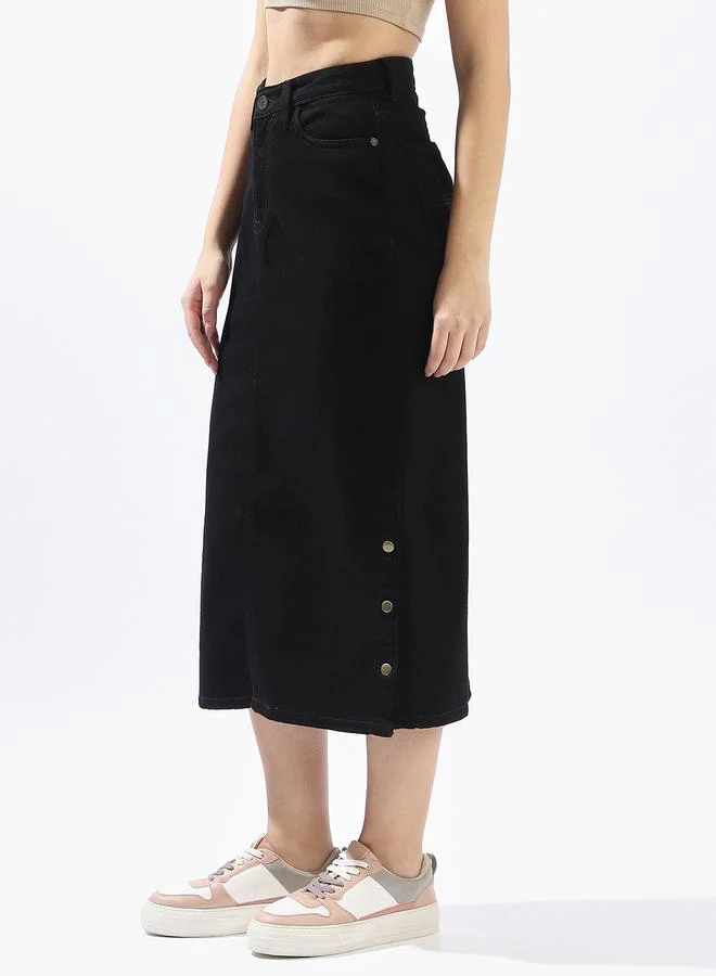 Hubberholme Pure Cotton Straight Midi Denim Side Slit Skirts